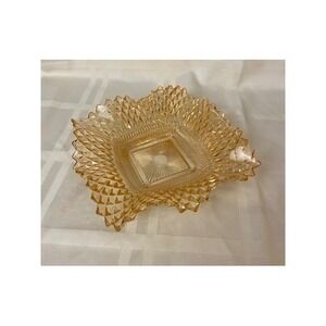 Vintage Amber Marigold Carnival Glass Square Bowl Diamond Point Sawtooth 6.75"